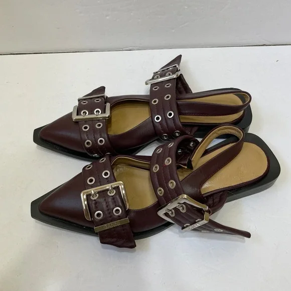 GANNI FEMININE STUDDED BUCKLE BALLERINA FLATS IN BURGUNDY VEGAN LEATHER - Picture 5 of 10